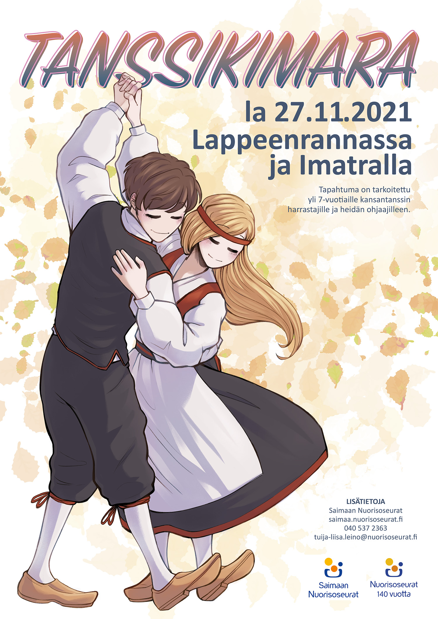 Tanssikimara 2021 Tanssikimaran julisteessa nuorikansantanssijapari kansallispuvuissa.